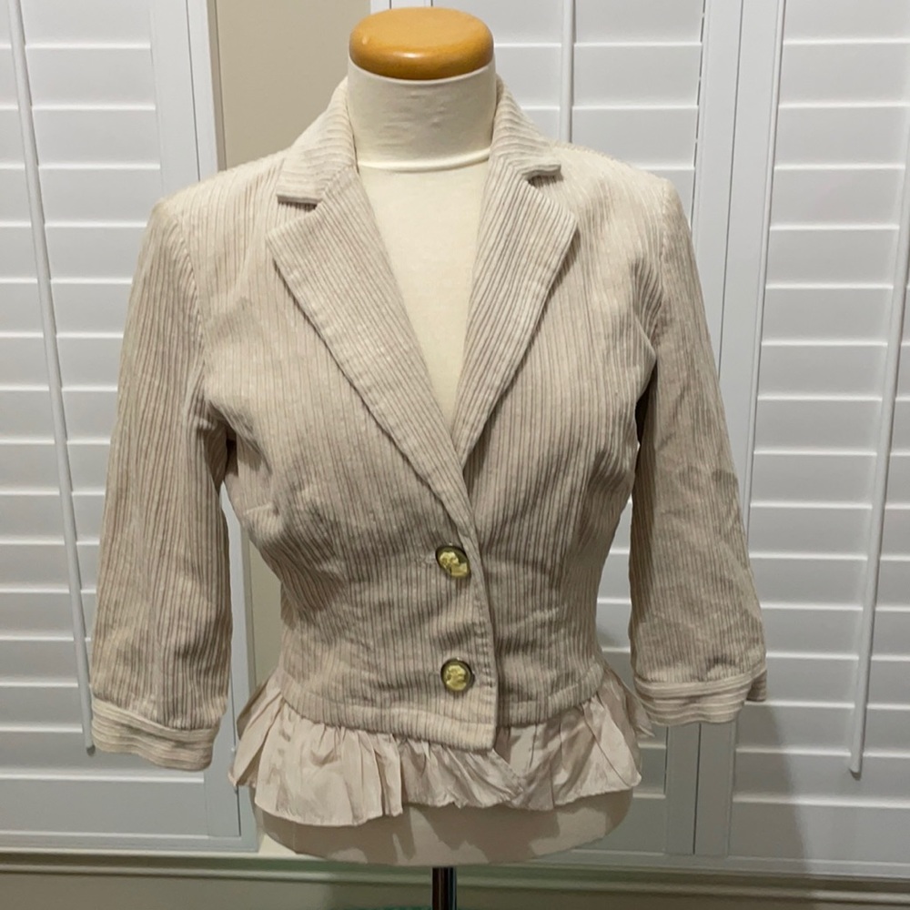 Beige Corduroy Blazer with Ruffle Hem